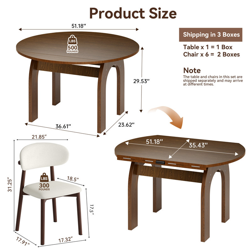 51.2" Farmhouse Extendable Solid Wood Walnut Dining Table Set of 7