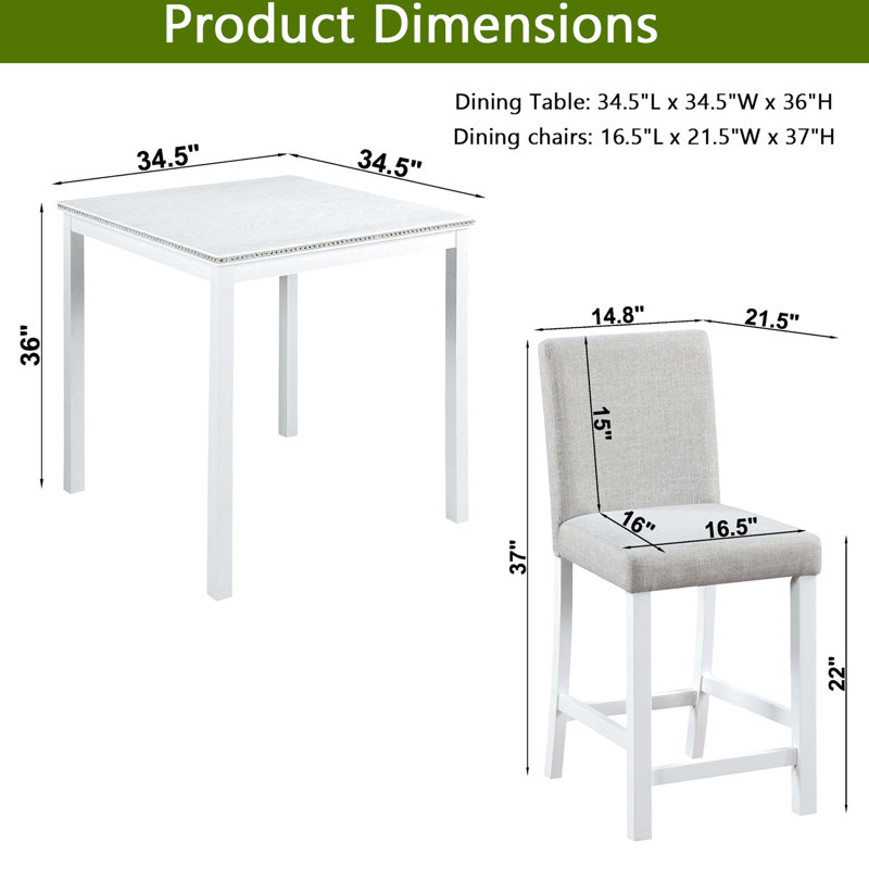 Ensemble de salle à manger 5 comptoirs de hauteur blanche. Table carrée avec ornements en cristal. Ensemble de chaises en bois massif et manufacturé de 5 pièces. Embellissement. Matériau