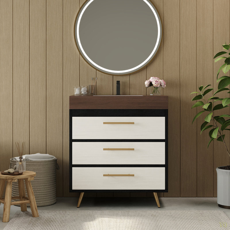 Meuble-lavabo autoportant moderne avec lavabo vasque en céramique et plateau en pierre frittée durable, Noir / blanc, Brun