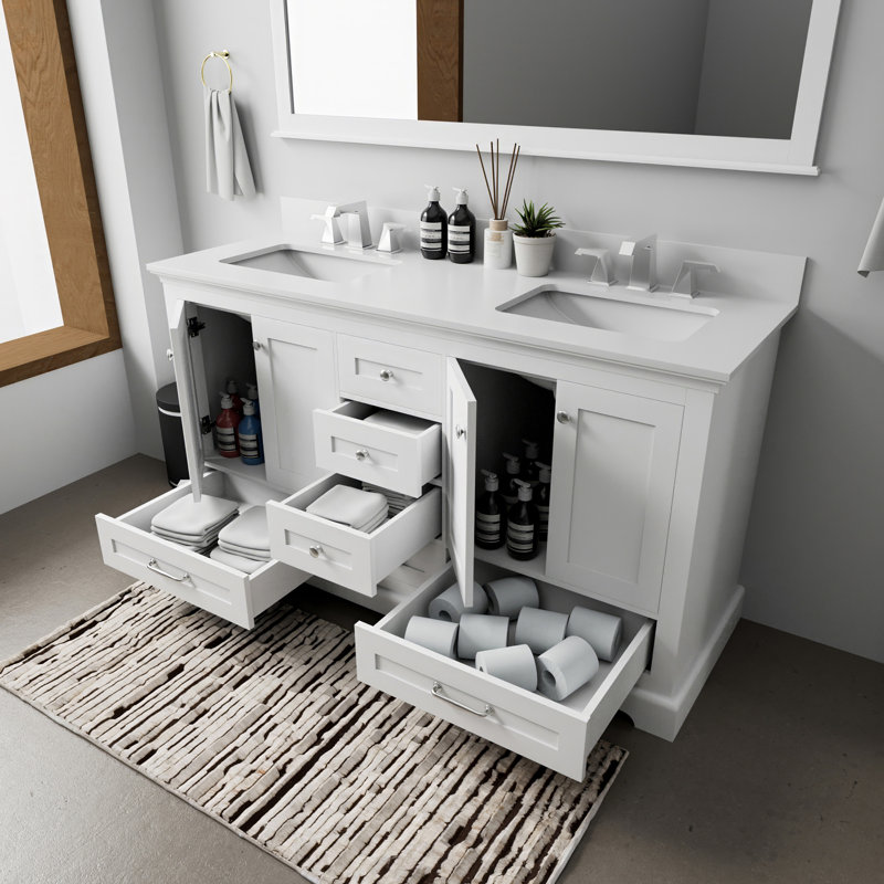 Espresso Double Bath Vanity 60 in. W x 22 in. D, Cultured Marble Top, and 58 in. Mirror, White