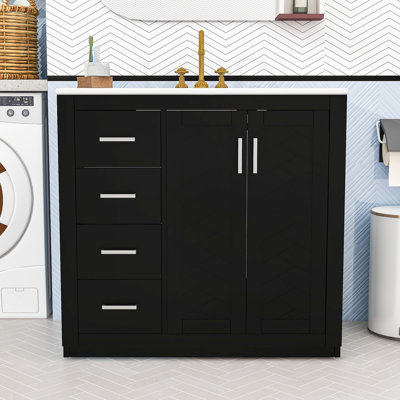 Meuble-lavabo simple autoportant moderne avec lavabo en céramique, rangement spacieux et portes à fermeture en douceur