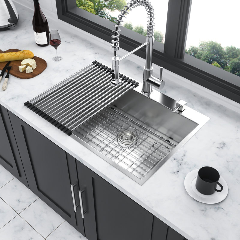 28 Inch Kitchen Sink Drop In - Stainless Steel 18 Gauge, Sleek Design, Brushed Nickel, Single Bowl Excellent Resistance, Basin