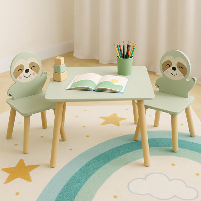 Kids Table And Chair Set With 2 Sloth Chairs, Wooden Activity Play And Study Furniture For Toddlers.