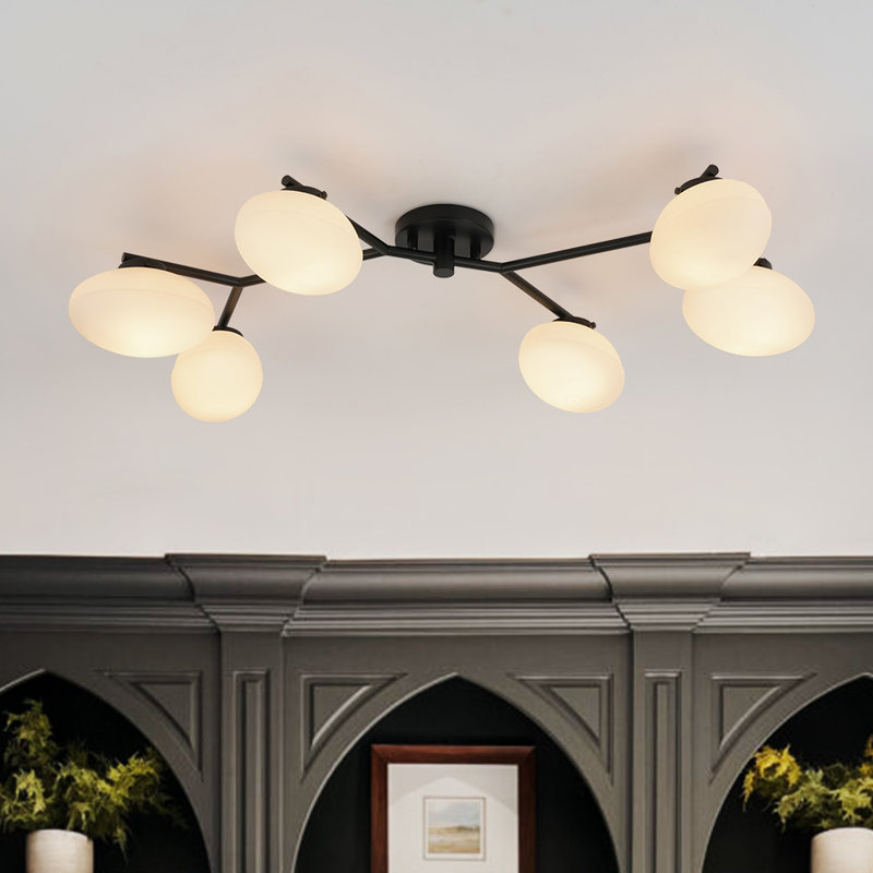 6 - Light Elliptical Opal Glass Globe Linear Semi Flush Mount, Matte Black