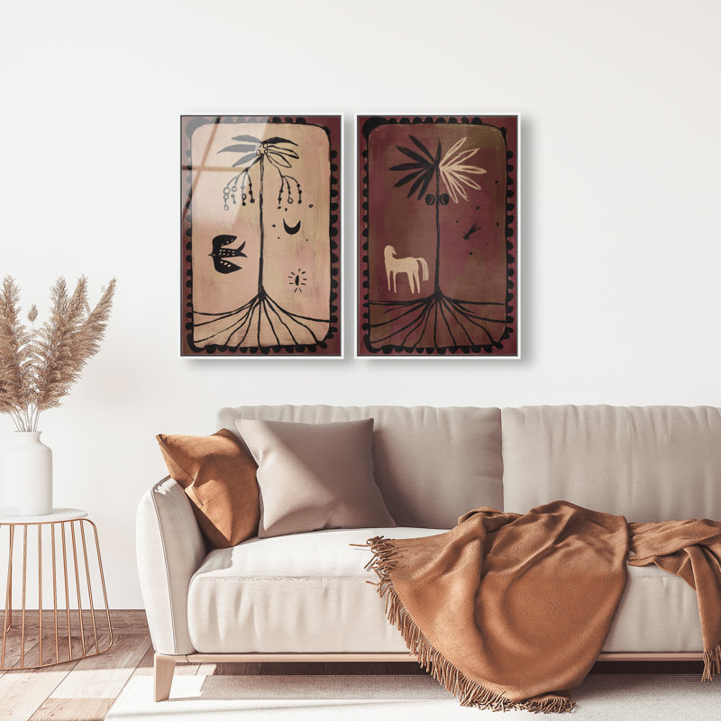 Ensemble de 2 tableaux muraux en verre acrylique brillant « Passé rustique » d'Oliver Gal, motif animaux., White Frame