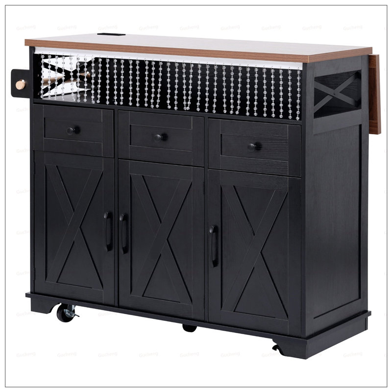Farmhouse Kitchen Island with Beaded Drape, Power Outlets, and Rolling Wheels, Ample Storage and Drop Leaf Design for Versatile Use