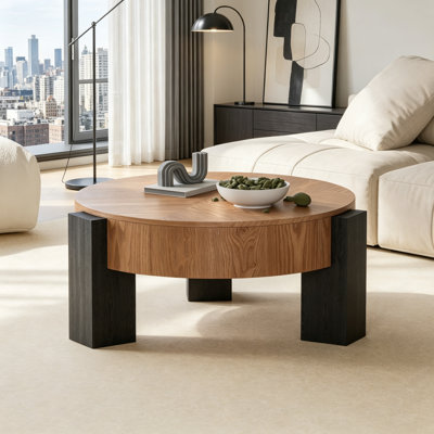 Table basse ronde de 33 po avec rangement dissimulé, plateau de table moderne en placage de bois Wabi-Sabi, table d'appoint centrale robuste à 3 pieds pour le salon, petit espace, bois naturel et noir