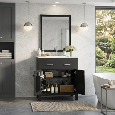Meuble-lavabo 30 po avec lavabo en céramique, armoire de salle de bain simple noire moderne avec 2 portes et une tablette, portes à fermeture douce
