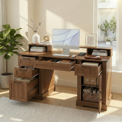 59'' Farmhouse Office Desk With Charging Station & Storage Cabinet, Home Office Desk, Barn Door Design Computer Desks with File Drawer & Keyboard Tray for Study, Living Room, Dark Walnut
