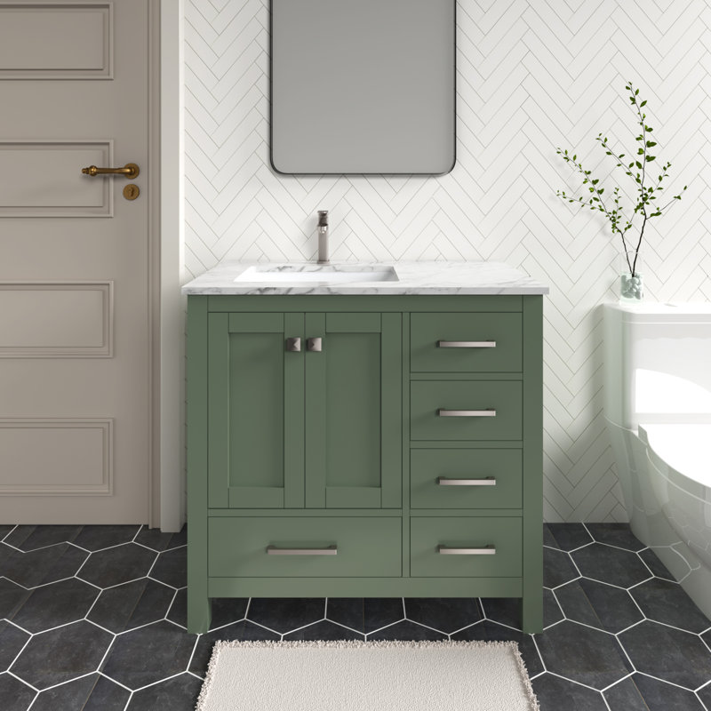 Anvay 36 in. Single Sink Freestanding Bath Vanity in Forest Green with Carrara Marble Top, Marble - White Carrara