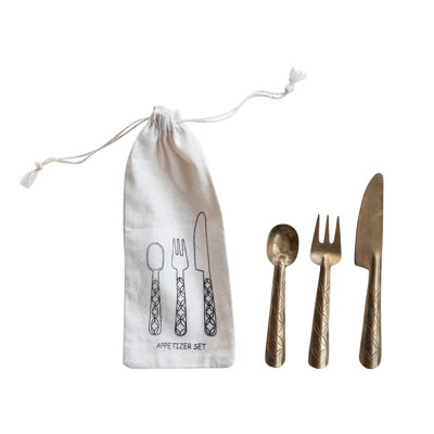 3-Piece Hand-Forged Brass Appetizer Utensils With Etched Handles