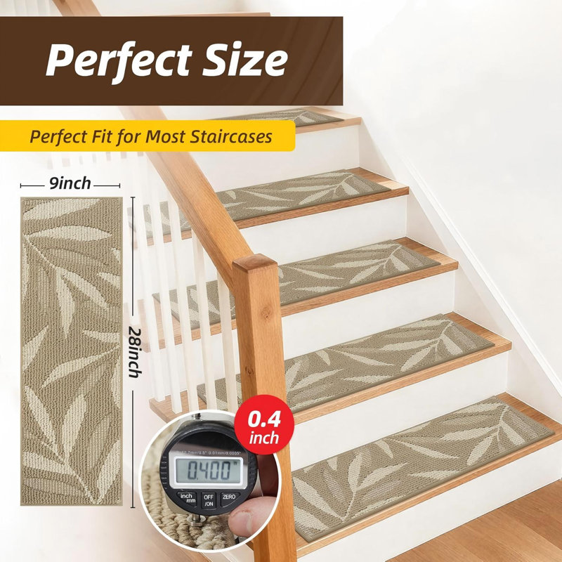 Tapis d'escalier pour marches en bois avec motif de feuille 3D, avec support en TPE, beige