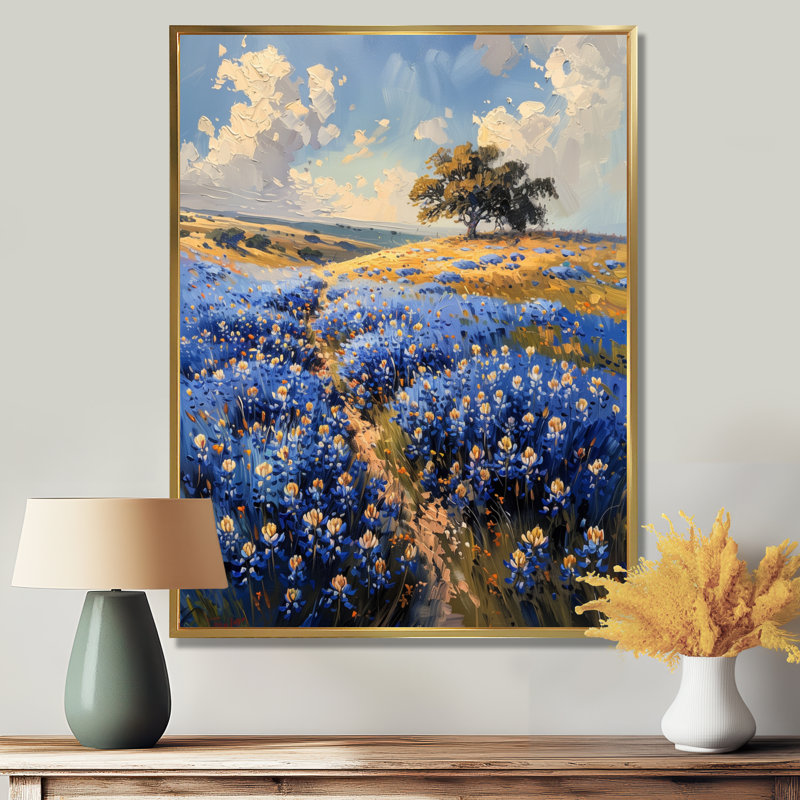 Décoration murale bleue bleu vert bleu Bonnets Tranquility Field II - Blue Bonnets, Cadre flottant doré, H 24 po x l 32 po
