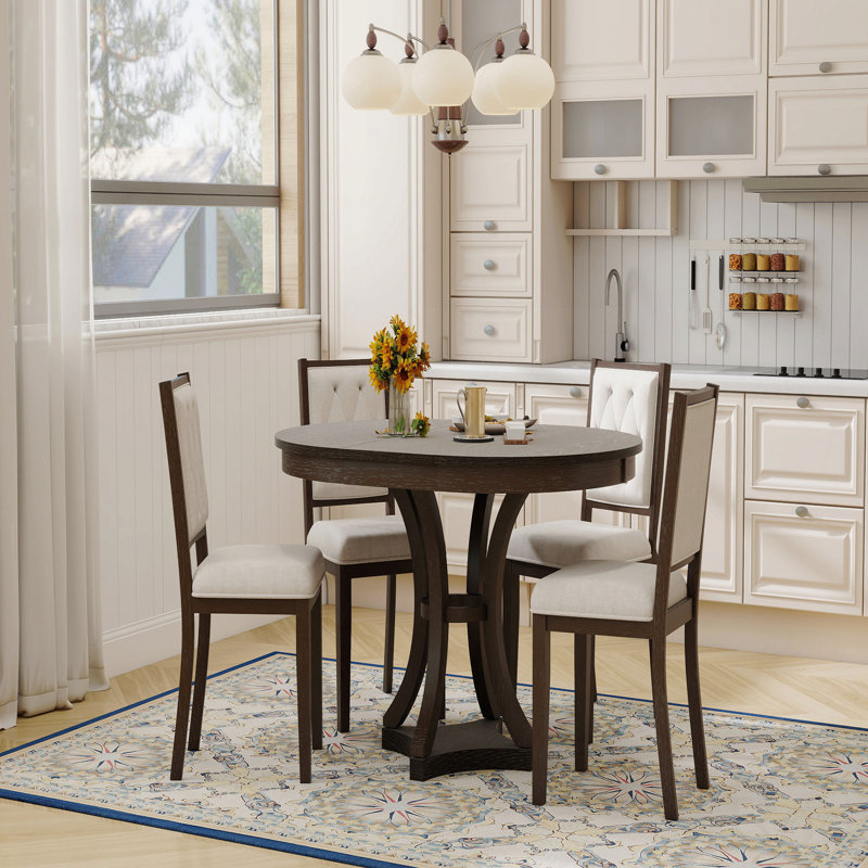 Ensemble 5 pièces de table de salle à manger rétro et table ronde avec 4 chaises rembourrées, extensible, Espresso