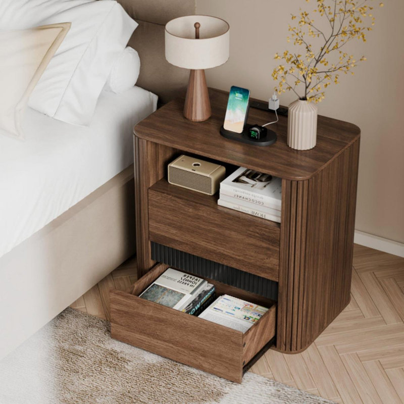 Table de chevet 2 tiroirs avec station de charge, Walnut