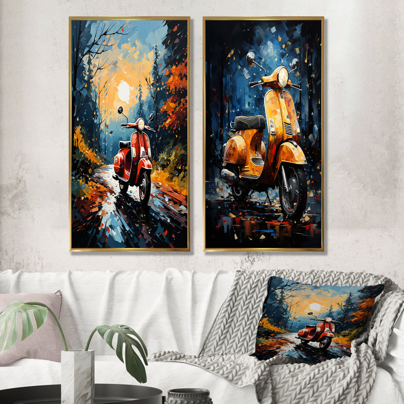 «Riding Scooter In The Country Autumn», ensemble de 2 impressions sur toile, Cadre flottant doré, H 32 po x l 33 po