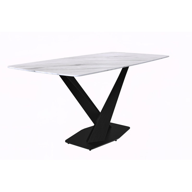Kivah Modern Dining Table, Rectangular Sintered Stone Kitchen Table with Brushed Stainless Steel Double Pedestal Base, Contemporary Dining Room & Office Conference Furniture