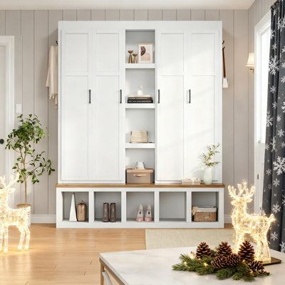Farmhouse 4-in-1 Hall Tree With Hanging Hooks, Open Compartments, Wood-grain Bench And Shoe Cabinets