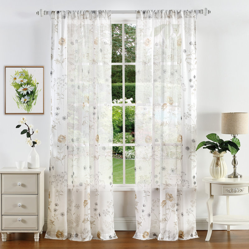 Gold Floral Semi-Sheer Rod Pocket Curtain Panel Pair