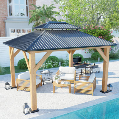 10x12 Wood Gazebo, Hardtop Gazebo With Aluminum Double Roof, Outdoor Gazebo With Wood Frame For Parties, Backyard, Lawns, Patio -  AMERLIFE, 1007120010+11+12+13