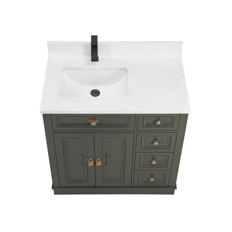 Meuble-lavabo simple en bois massif 36 po avec plateau en marbre d'ingénierie 1 po, Étain, vert, Or rose