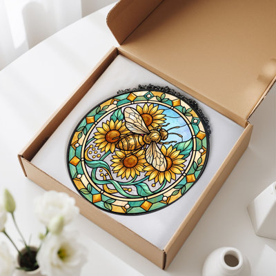 Bee Sunflower Stained Glass Window Panel，7.8H