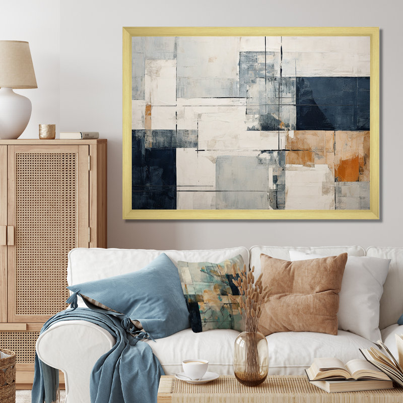 «Abstract Blue Beige Road Collage I», art mural abstrait, Cadre doré simple, H 34 po x l 44 po x P 1,5 po