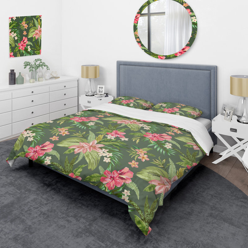 Green Leaf and Flowers - Ensemble de housse de couette floral - Polyester microfibre