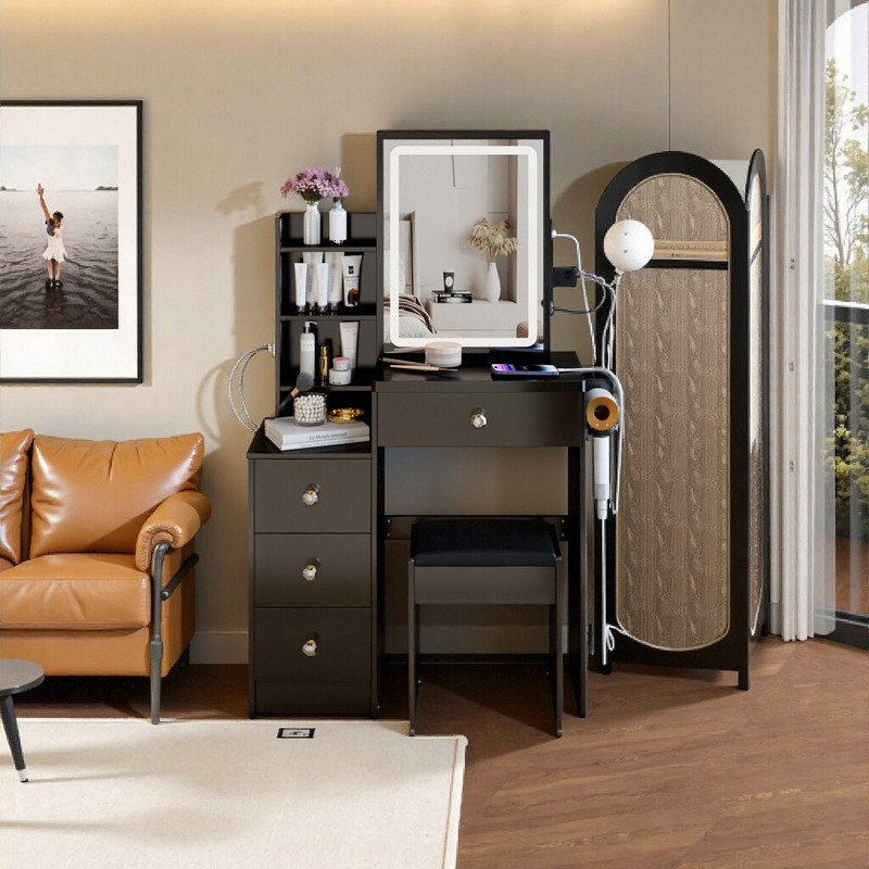 Ensemble de meuble-lavabo de luxe 29 pouces avec centrale électrique et miroir à DEL, Noir