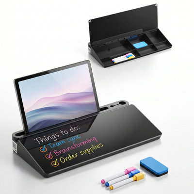 Desktop Glass Dry Erase Board 15.8 x 7.1 x 1.9 in Desk Whiteboard, Compartment Storage, Non-Slip Bottom, Ergonomic Angled Design, Desktop Organizer for Office, Home, School Supplies, Black