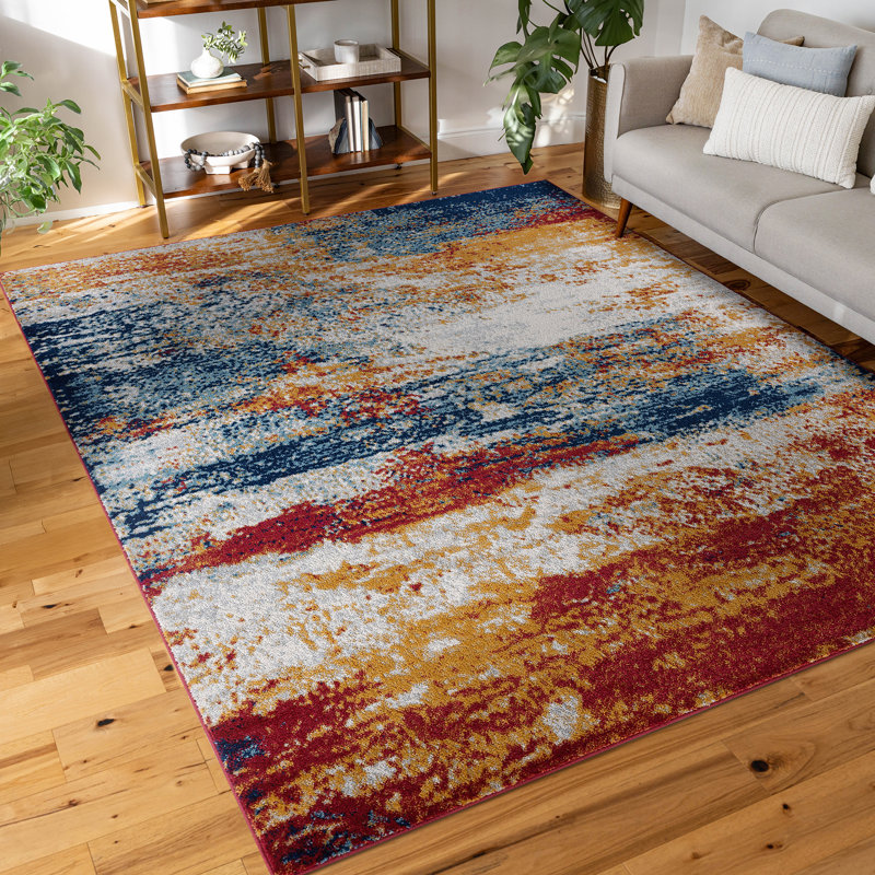 Abstract Red/Blue/Gold Colorful Indoor Area Rug, Rectangle 7'10" x 10'2"
