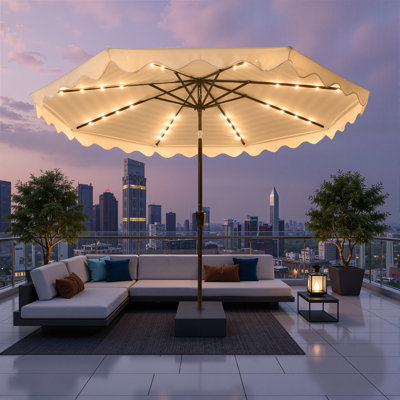 Parasol de patio à énergie solaire 10 pi - toit ventilé à 2 niveaux, conception festonnée, inclinaison et manivelle, parasol de marché à 8 nervures pour la cour et la piscine