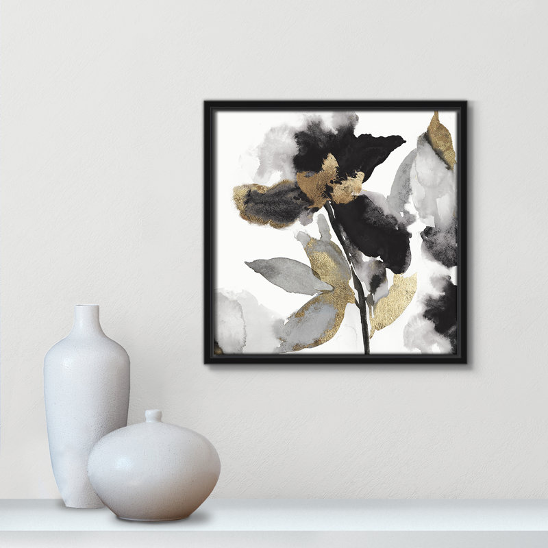 «Black Petals Black Gold Leaves II» par Asia Jensen, Noir, H 13,5 po x l 13,5 po