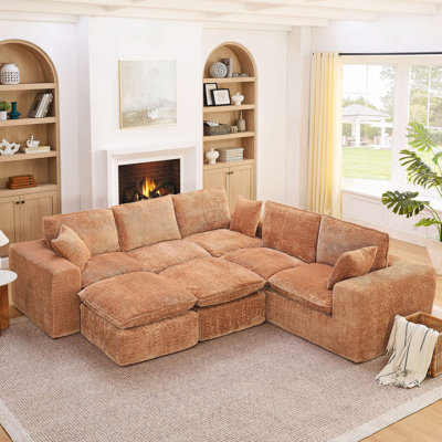 107'' Modern Boucle L-Shaped Sectional Sofa With Two Moveable Ottomans For Living Room, Comfy Cloud Couch With Pillows, DIY Combination