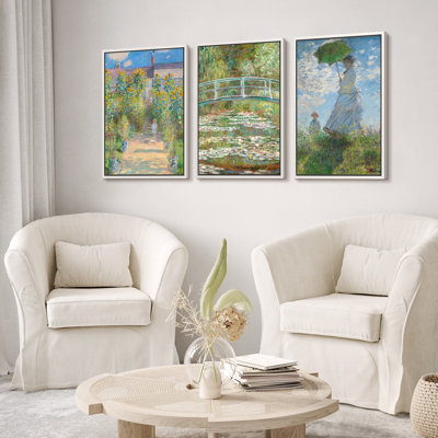 Claude Monet Garden & Landscape Framed Canvas Wall Art - Impressionist Set of 3 for Classic Home Decor