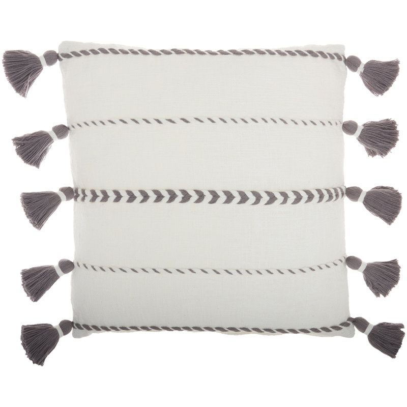 Gray and White Cotton Tassel Striped Square Pillow