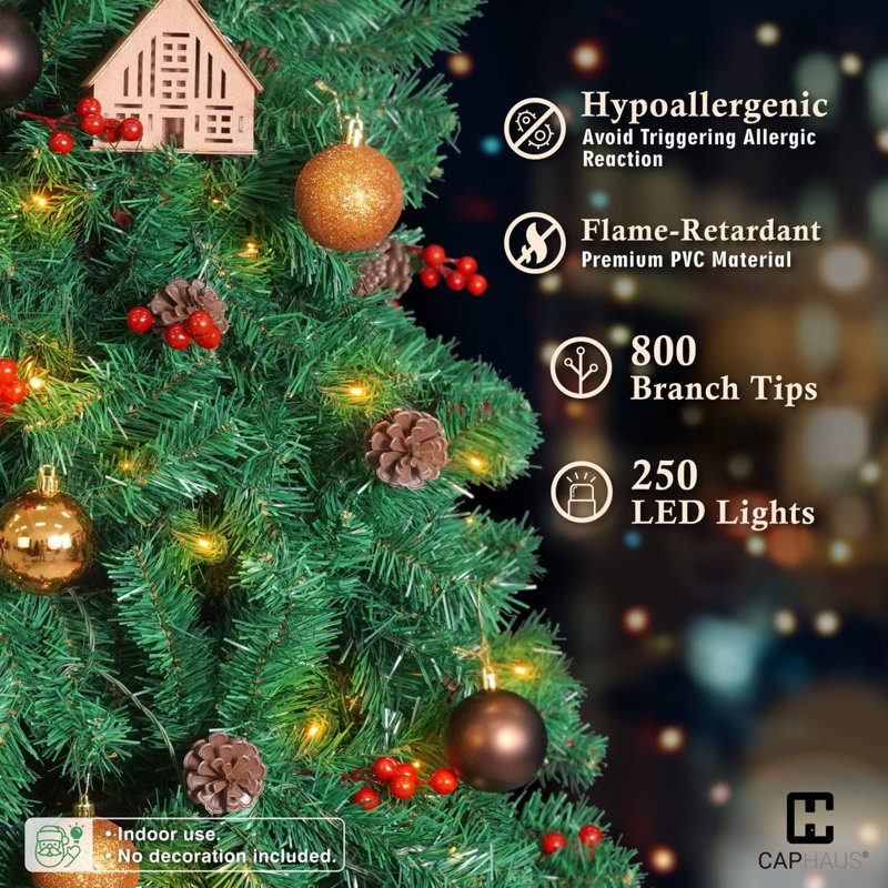Arbre de Noël artificiel illuminé 6 pieds avec 800 branches et 250 lumières DEL de qualité supérieure, 6'