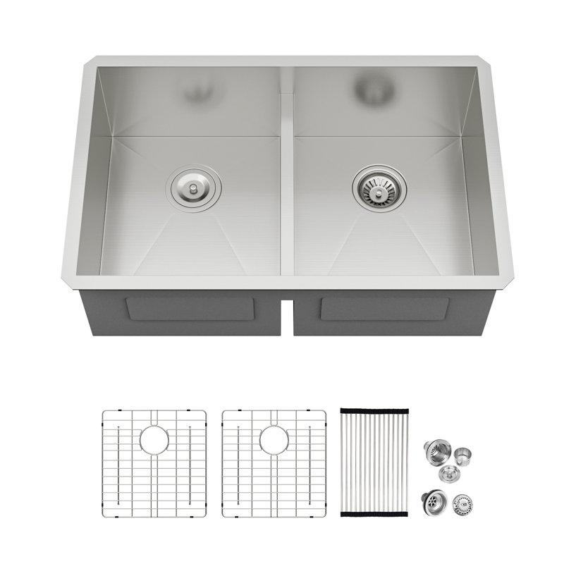 30"L 16 Gauge Undermount 50/50 Low Divide Double Bowl Stainless Steel  Kitchen Sink with Accessories, 30×19×10