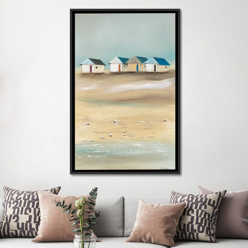 « beach cabanes iv », impression sur toile, H 26 po x l 18 po x P 1,5 po, Toile encadrée noire, Pas de tapis