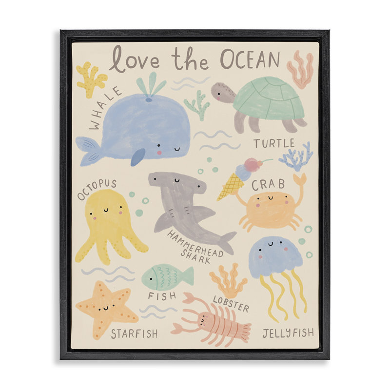 «Love The Ocean Creatures», art mural encadré par Lisa Barlow, Cadre flottant noir de jais, H 21 po x l 17 po