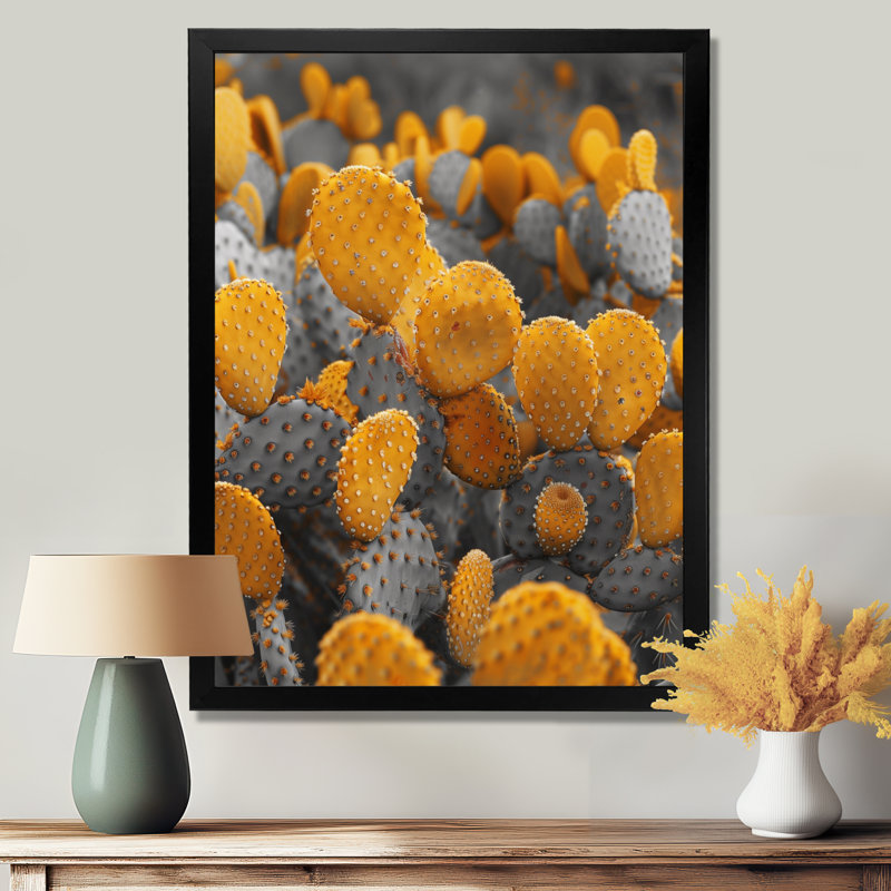 Cactus monochrome jaune gris fleurs du désert II - décoration murale cactus floral, Toile encadrée noire simple