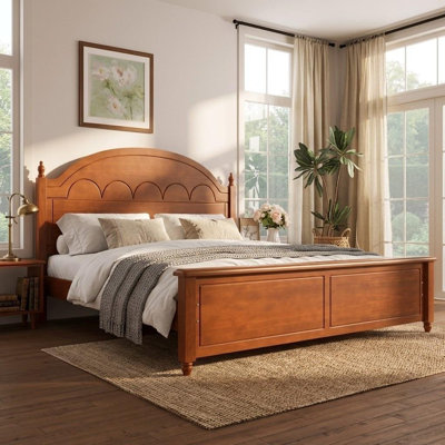 Queen size Wooden Bed Frame with Elegant Arched Headboard – Classic and Durable Bedroom Furniture, Oak