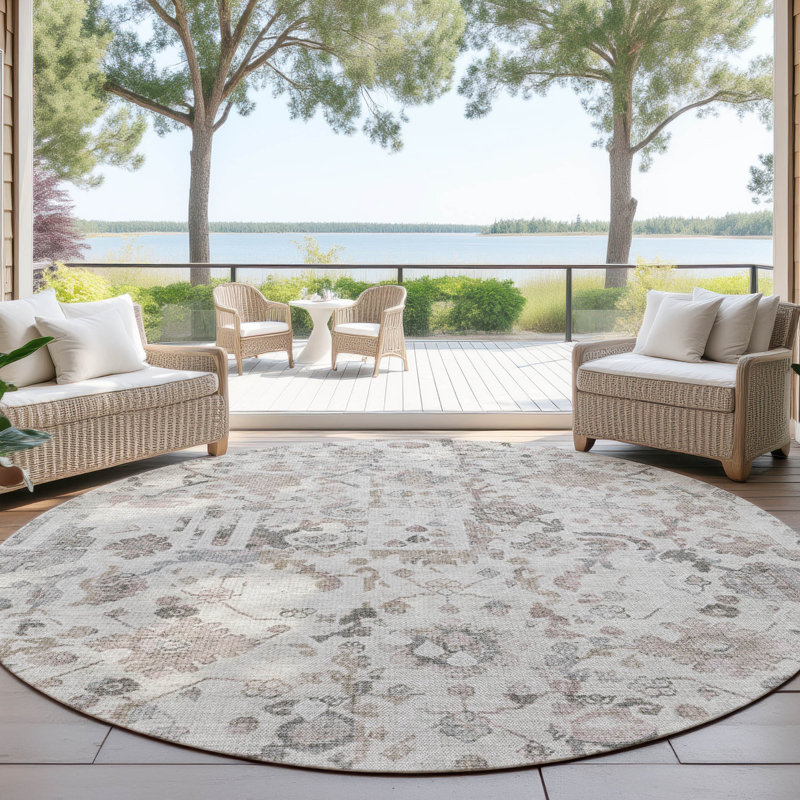 Machine Washable Indoor/Outdoor Xhevrie Taupe Rug, Round 8'