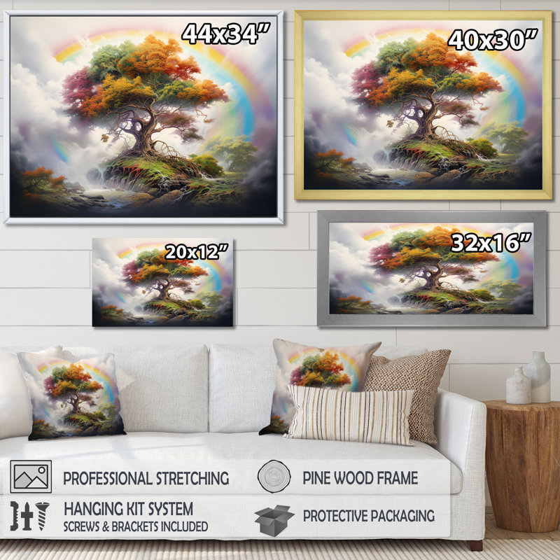 Mythique arbre majestueux avec arc-en-ciel sur toile, H 30 po x l 40 po x P 1,5 po, Cadre simple noir