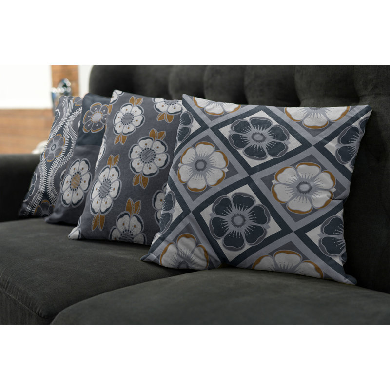 Dark Blue and Amber Microfiber Floral Throw Pillow Set