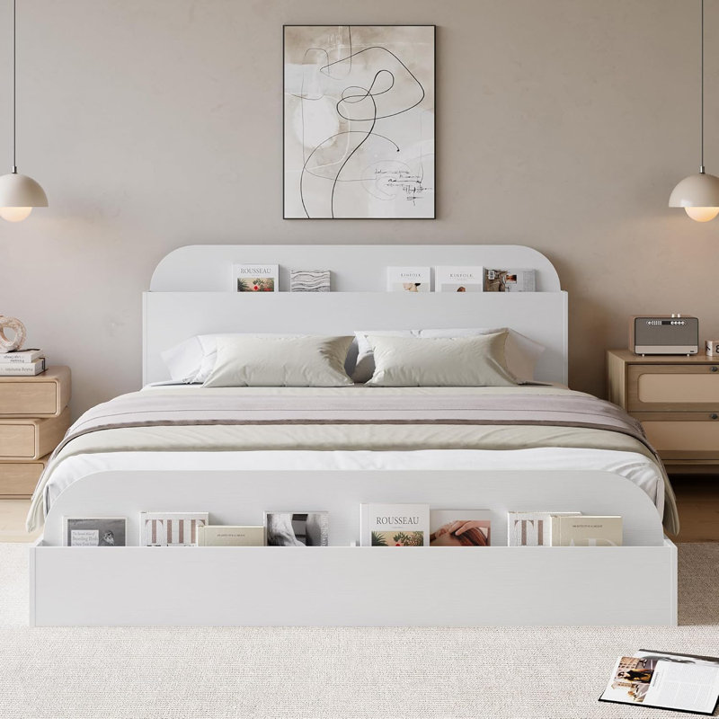 Grand lit plateforme en bois avec tête et pied de lit avec rangement, finition blanche, Blanc, Grand lit