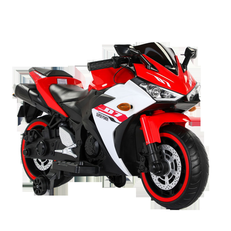 Moto électrique pour enfants rouge et blanche, batterie 12 V 7 Ah, moteur 25 W, port USB/MP3, indicateur de batterie, phare DEL, roues lumineuses, Bluetooth