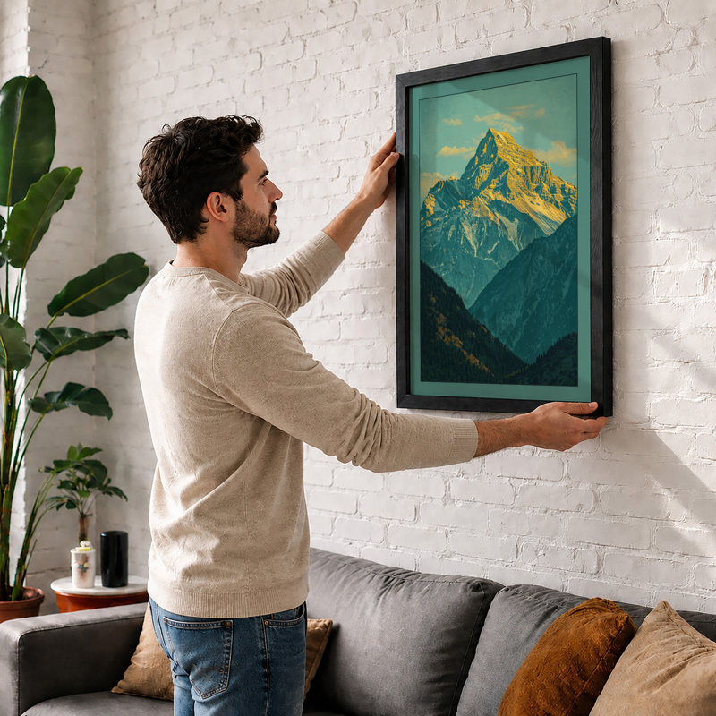 Mountain at Sunrise Scandinavian - Framed Print, A4 - 29.7 x 21.0 cm, Black