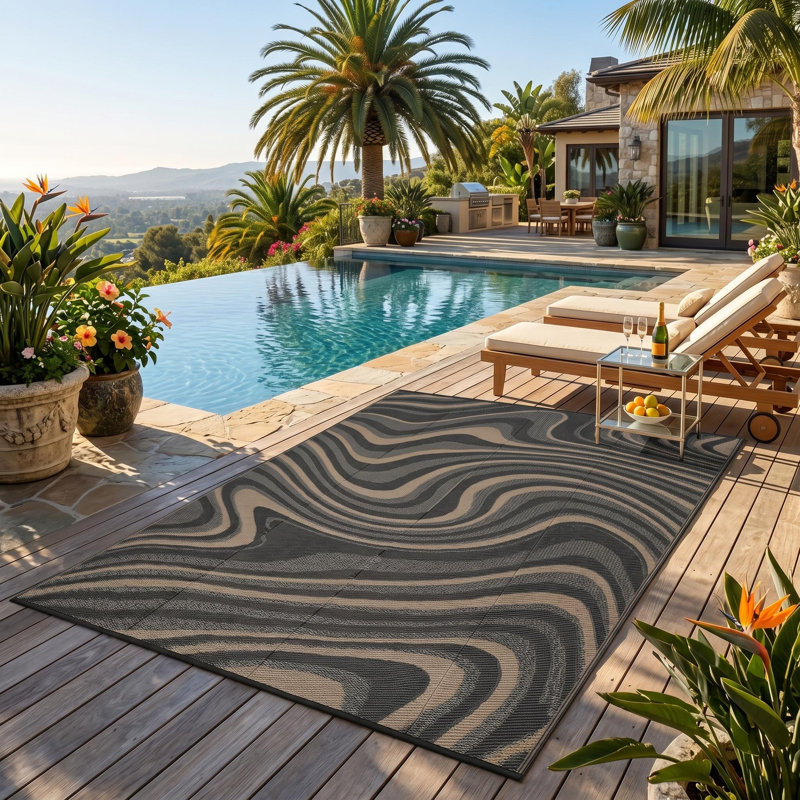 Tapis d'extérieur moderne en plastique pour pique-nique sur le balcon de la cour arrière, Black, Rectangle 8' x 10'
