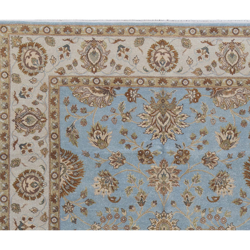 Tapis bleu clair et ivoire noué à la main de haute qualité, Rectangle 7 pi 11 po x 9 pi 10 po